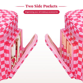 Bagmoly large checkered makeup bag side pockets for toiletries.