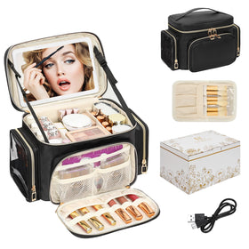 Bagmoly large makeup bag with LED mirror for organized travel cosmetics.