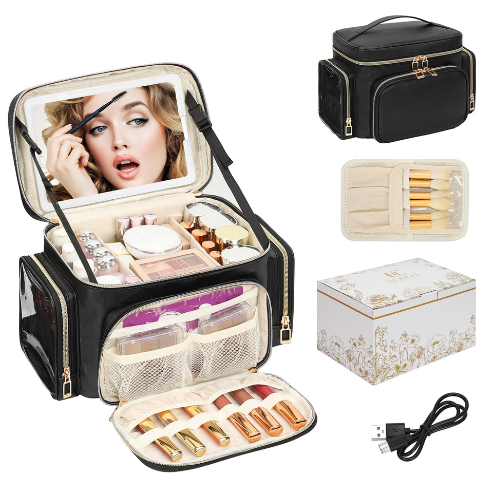 Bagmoly large makeup bag with LED mirror for organized travel cosmetics.