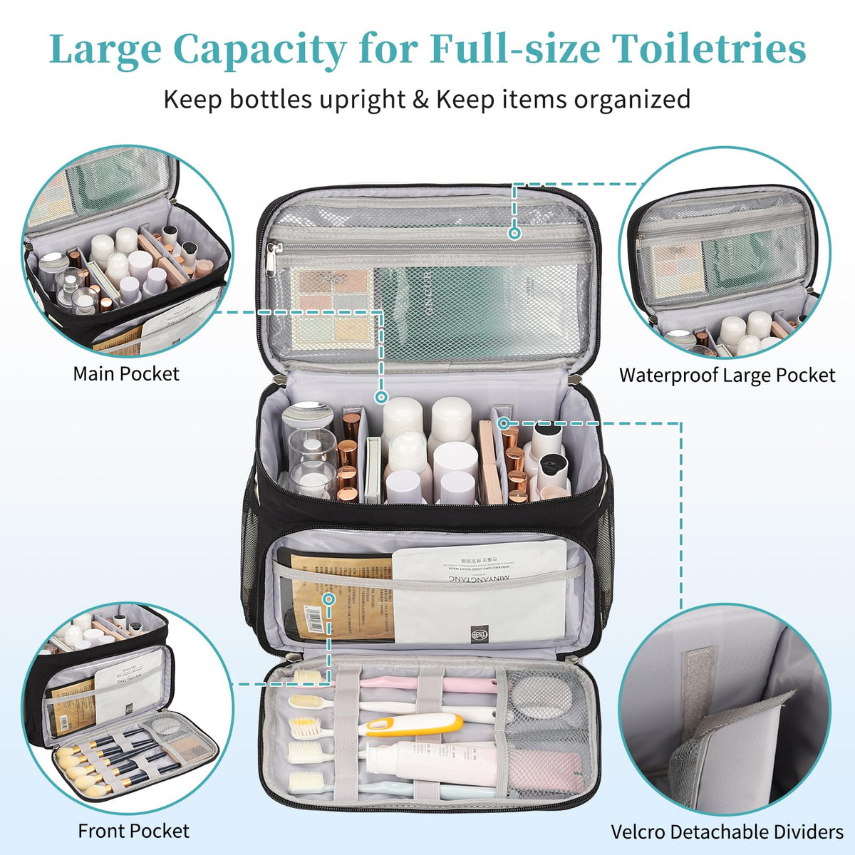 Bagmoly organized compartments keep toiletries neatly arranged and easy to reach.