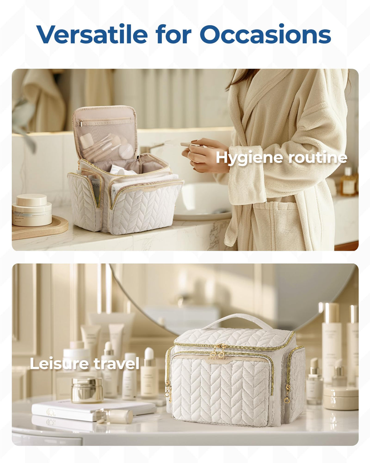 BAGSMART beige-handle travel toiletry bag in-use during travel