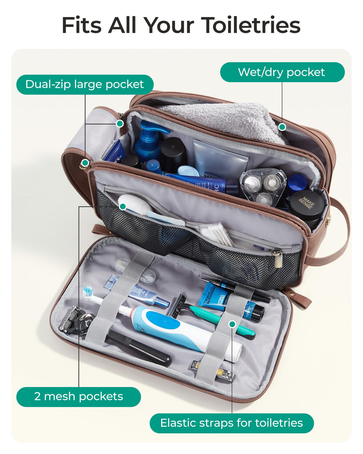 BAGSMART toiletry bag elastic band keeps items secure during travel.