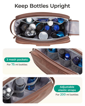 BAGSMART dopp kit with two-sided pockets enables dry and wet item separation.