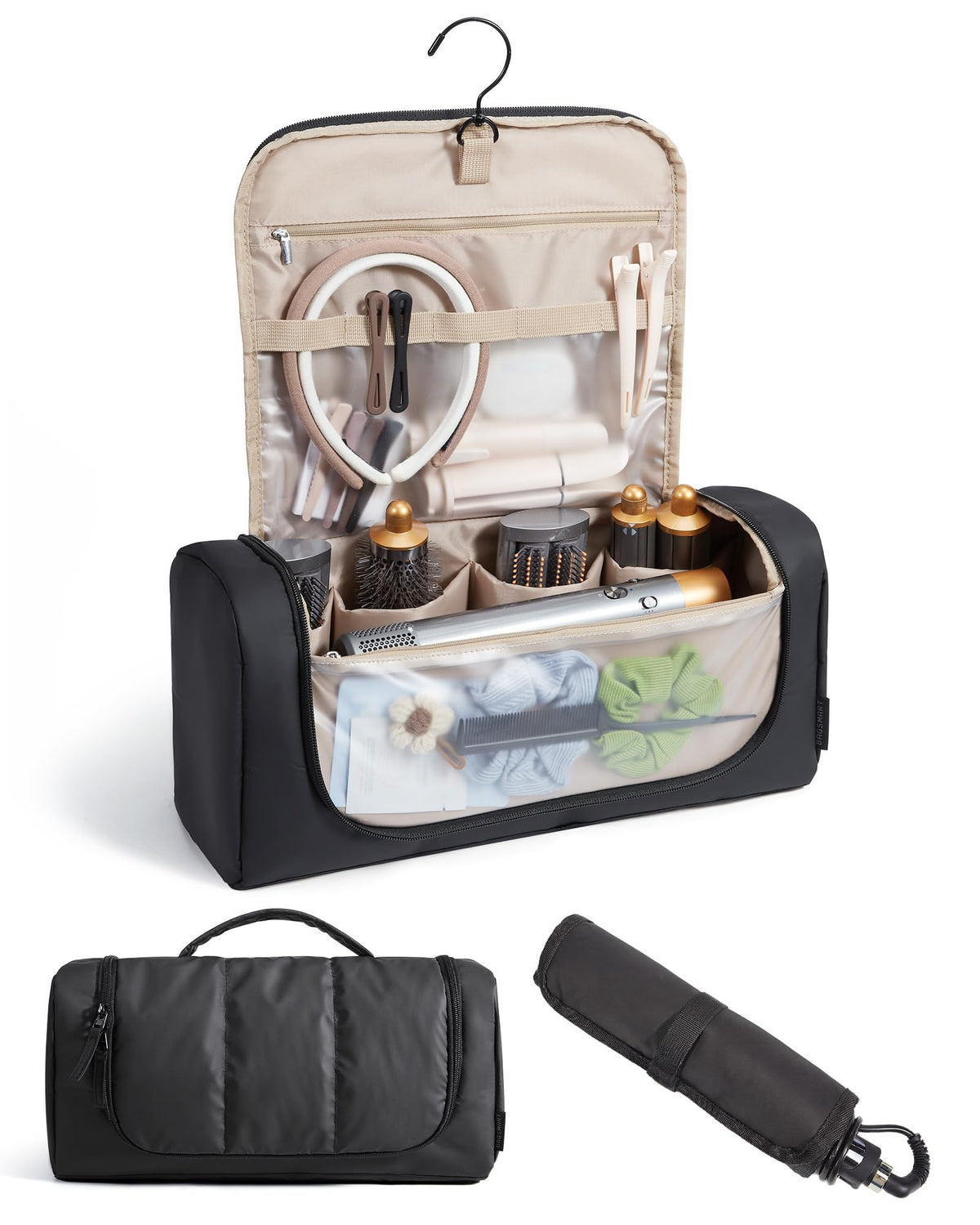 BAGSMART Hair Tool Organizer Dyson Airwrap compartments keep all components neatly stored for travel.