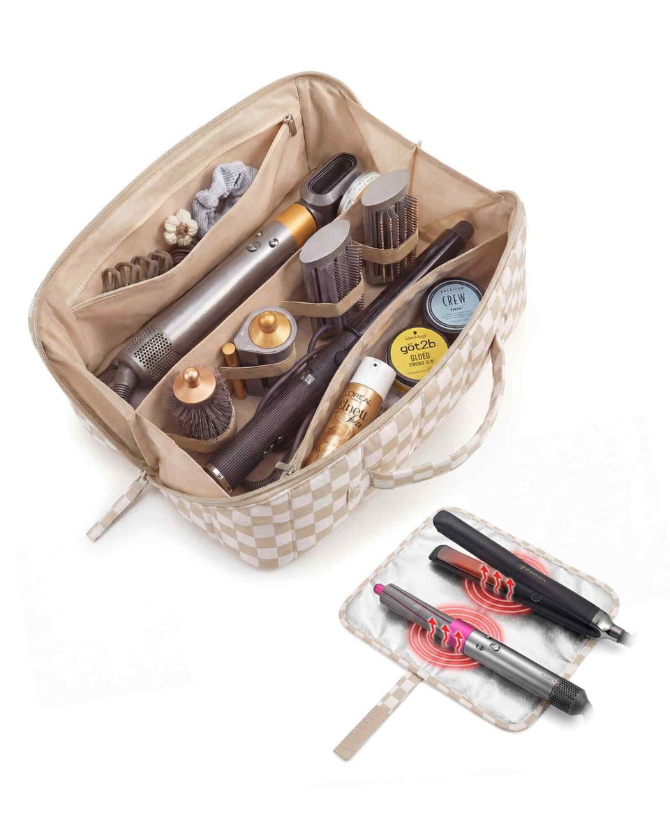 BAGSMART hair tool organizer showing Dyson Airwrap compatibility for travel.