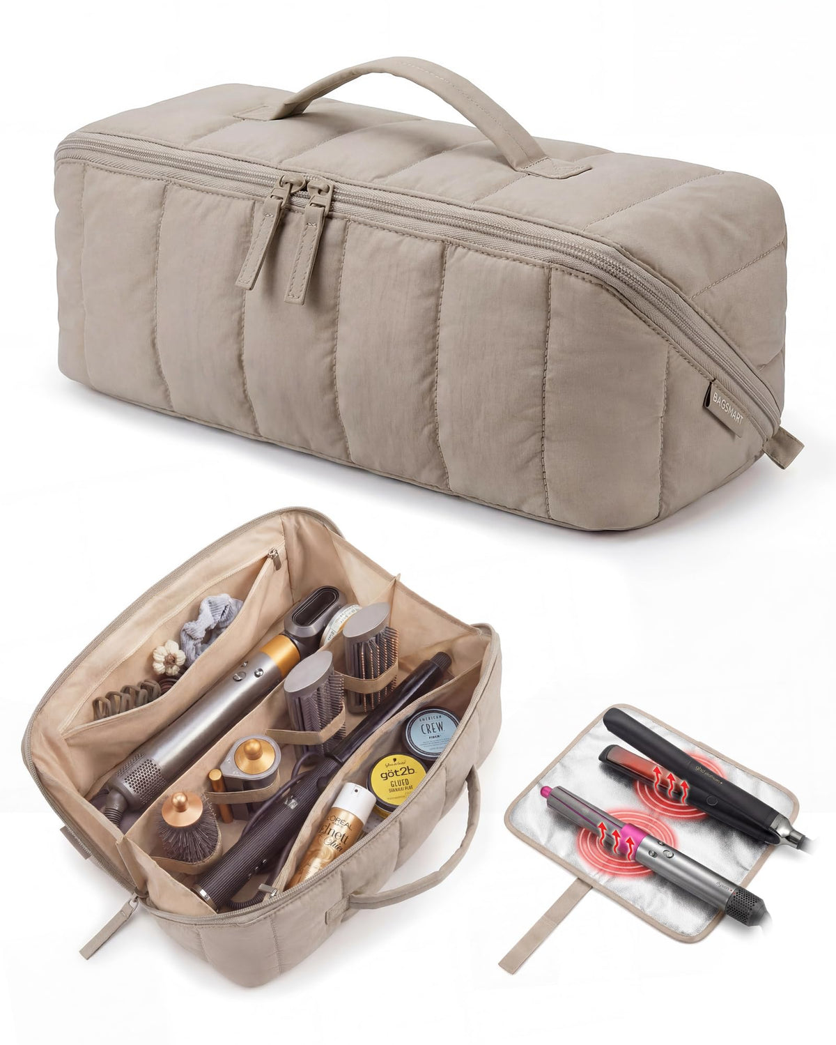 BAGSMART hair tool organizer open view showing quick access to curling irons and dryer