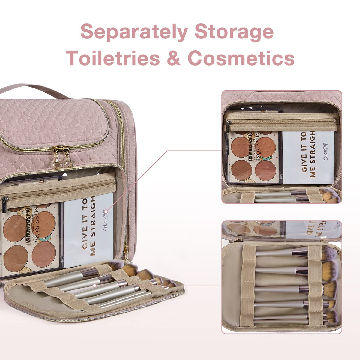 BAGSMART interior compartments separate brushes and makeup for quick access.