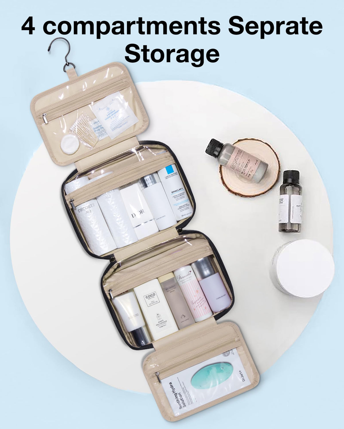 BAGSMART hanging travel toiletry organizer, medium opened view with organized compartments.