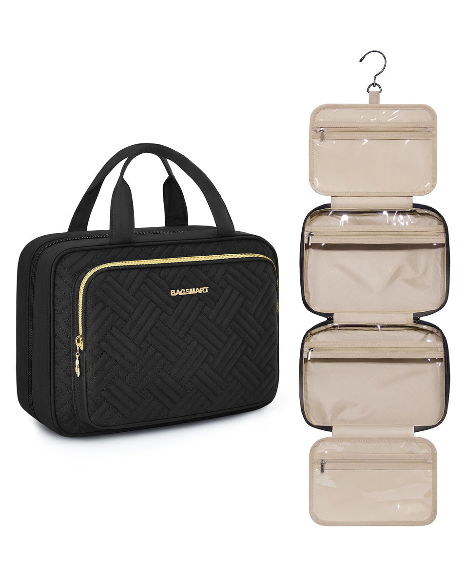 BAGSMART hanging travel toiletry organizer, medium rolled view showing compact storage and portability.