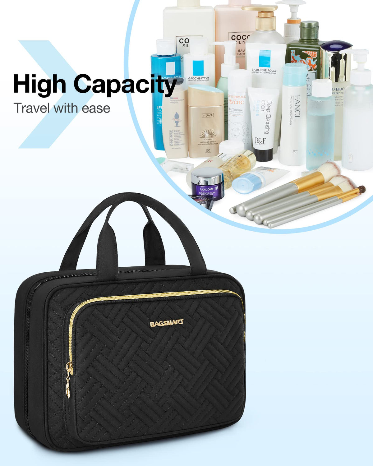 BAGSMART interior elastic pockets keep bottles upright and stable.