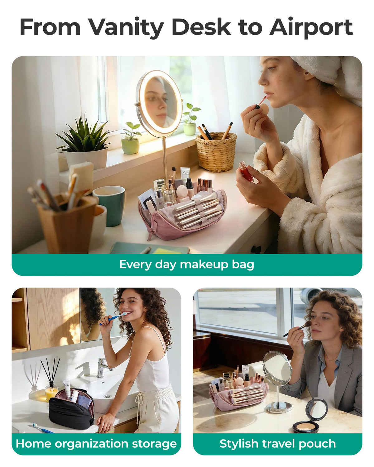 BAGSMART khaki brown checkered print portable makeup bag for everyday use