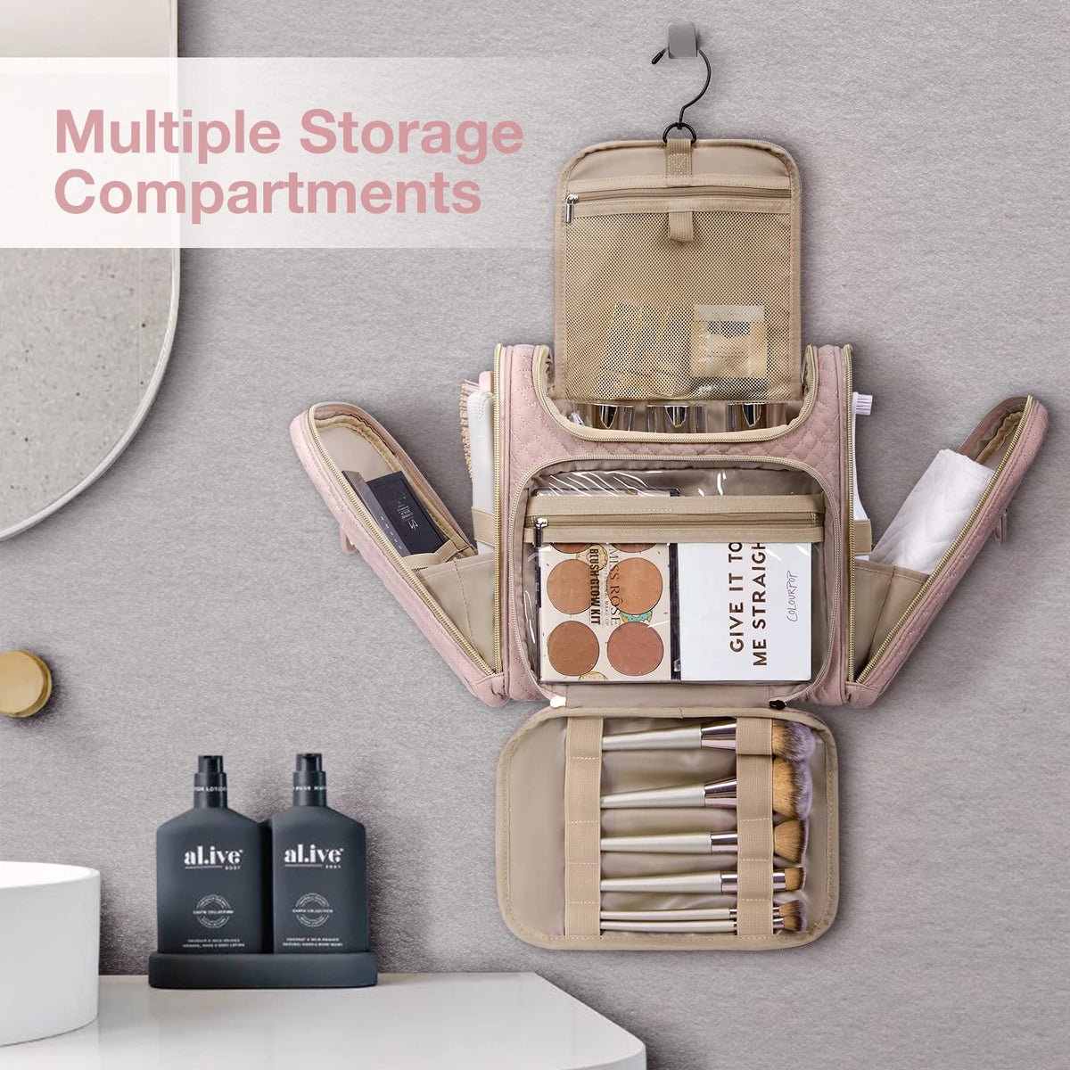 BAGSMART large-capacity cosmetics bag keeps full-sized toiletries neatly stored.