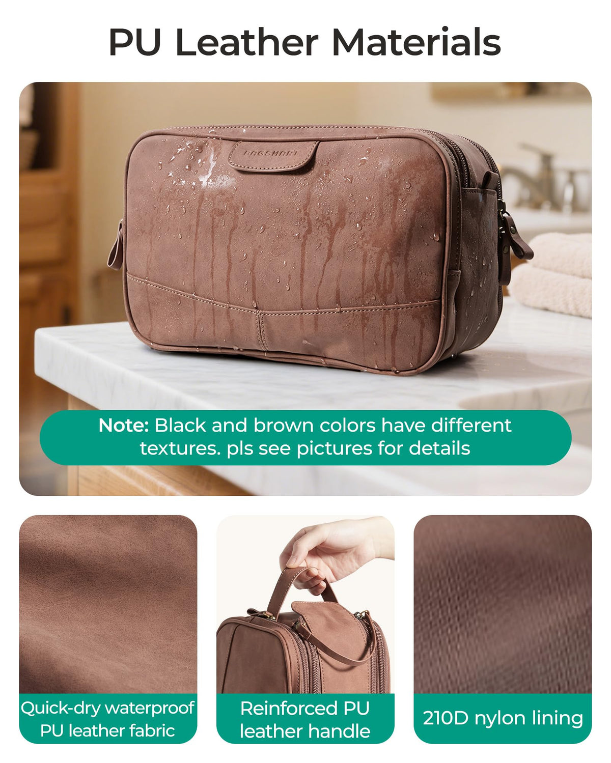BAGSMART large toiletry bag black high-gloss leather offers a polished look and durable storage.