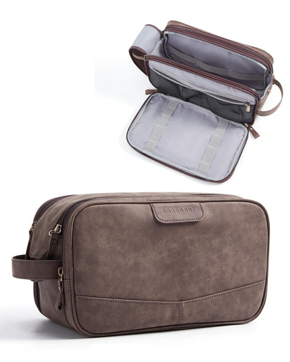 BAGSMART large toiletry bag brown soft matte leather keeps cosmetics organized on travel.