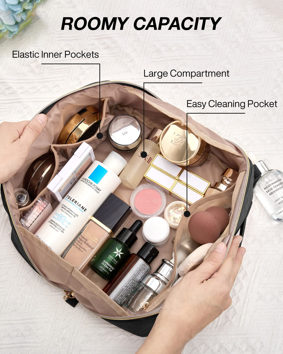 BAGSMART Makeup Bag includes a brush pocket for tidy tool storage.