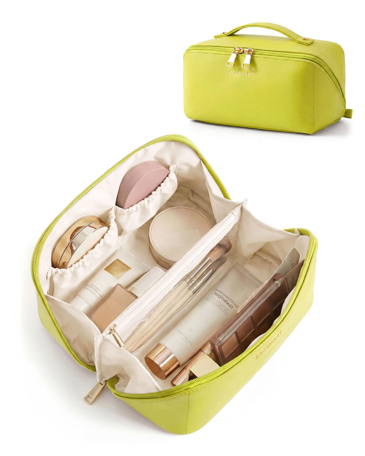 BAGSMART makeup bag with flat lay opening for quick access to cosmetics.