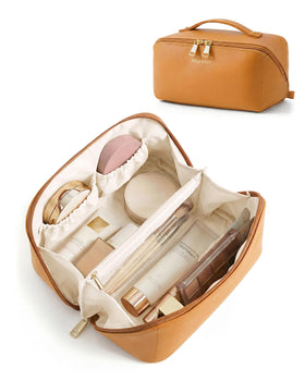 BAGSMART makeup bag in ginger yellow with flat-open design for easy access.