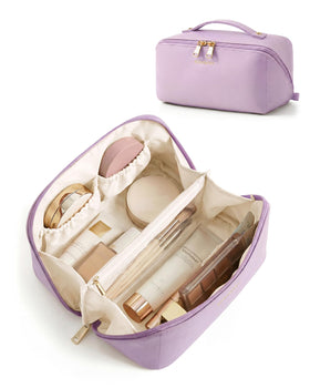 BAGSMART makeup bag flat-open lilac view showing quick access to cosmetics