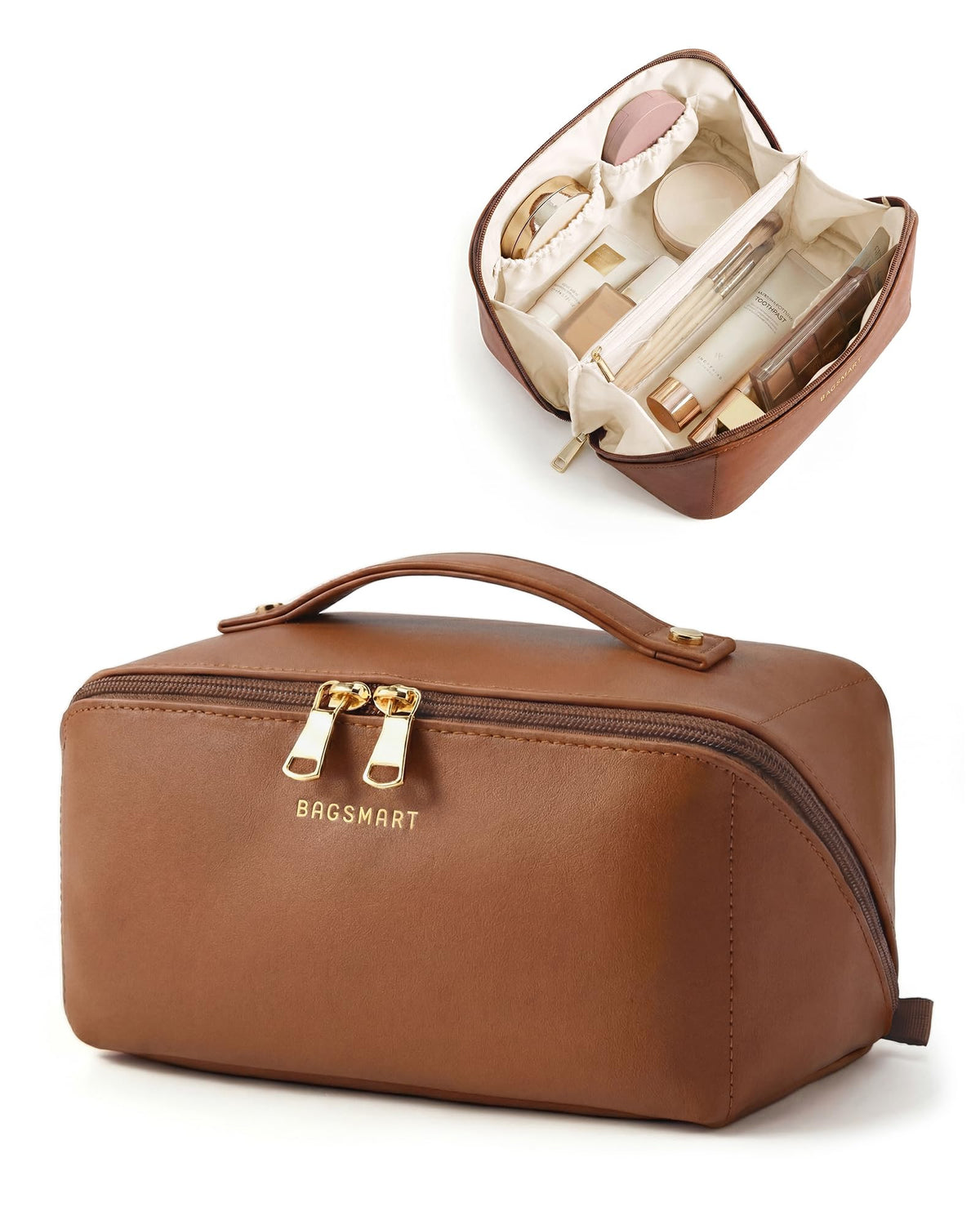 BAGSMART makeup bag with flat-open design for quick access to cosmetics.
