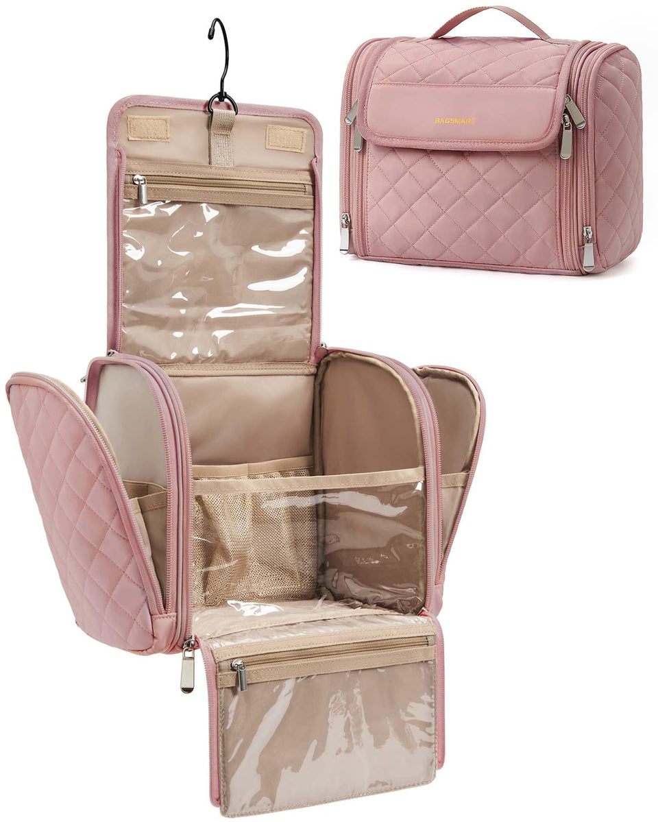 BAGSMART makeup bag with hanging hook, front view in pink for organized travel