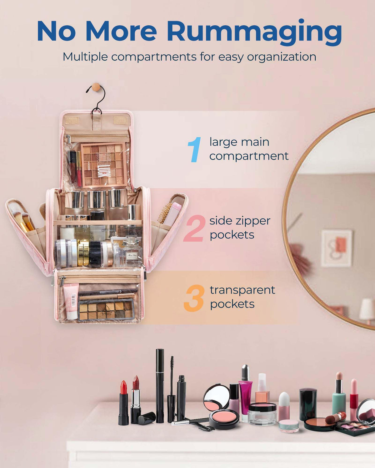 BAGSMART makeup bag open shows interior compartments for quick access
