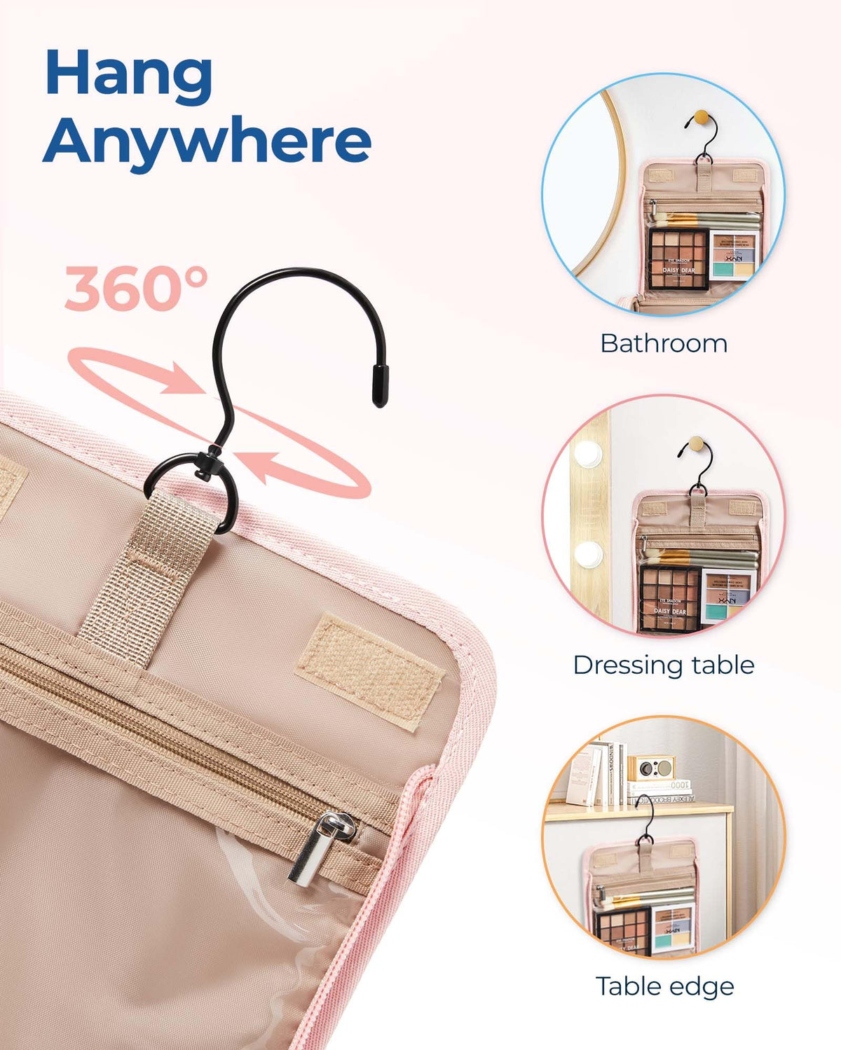 BAGSMART makeup bag reinforced stitching and metal zipper for durability