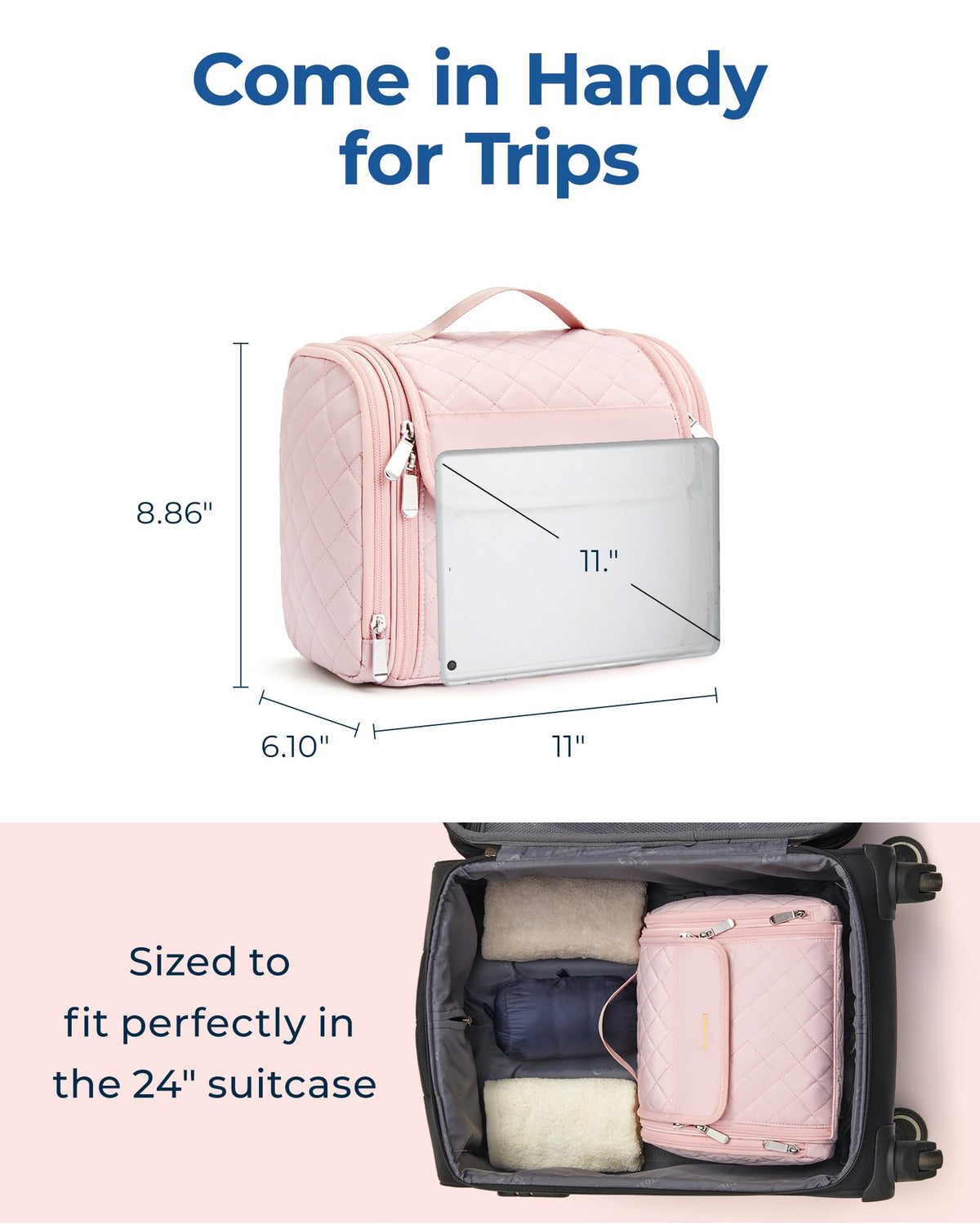 BAGSMART pink makeup bag transparent pockets enable quick visibility of essentials