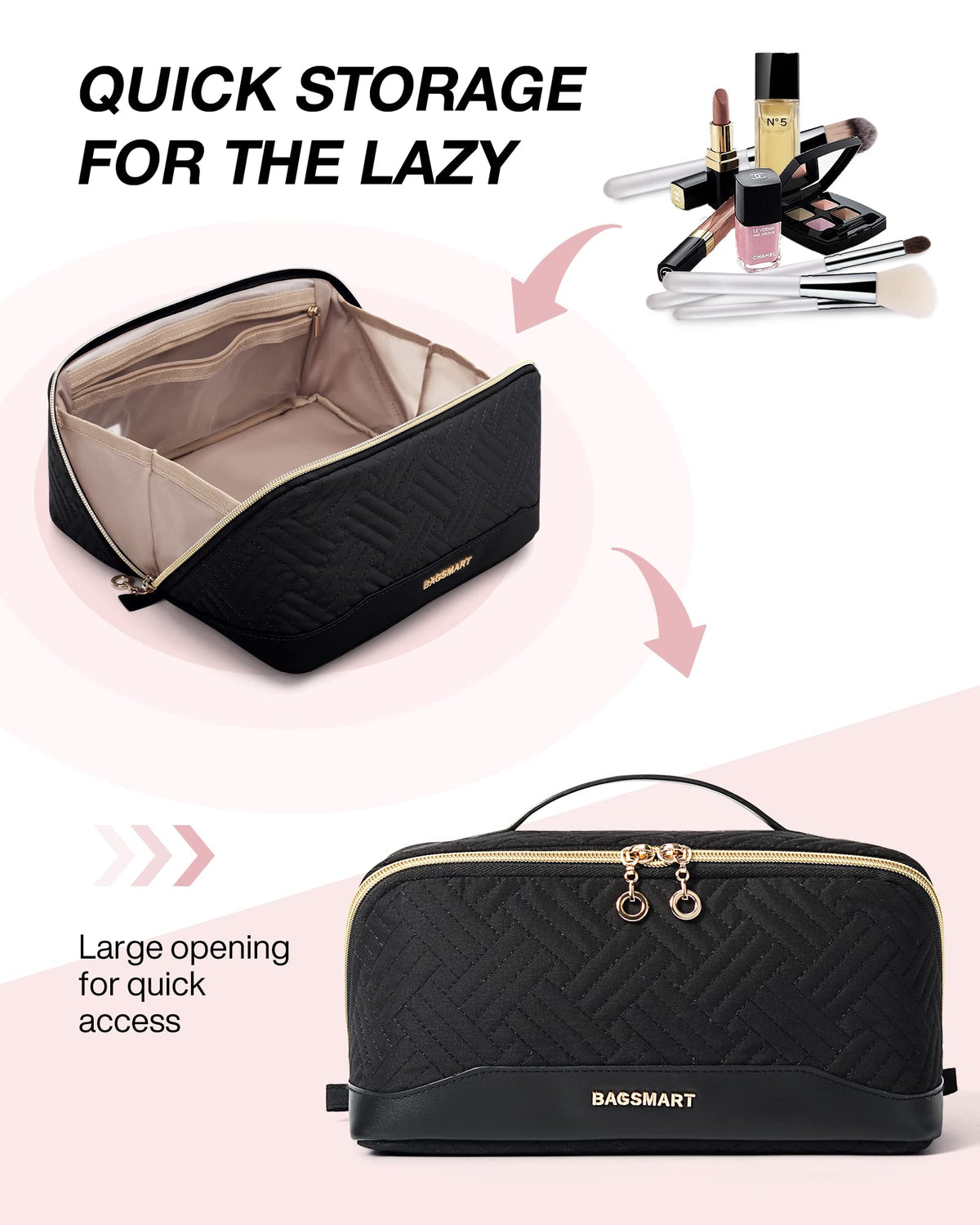 BAGSMART Makeup Bag large capacity keeps cosmetics organized while traveling.