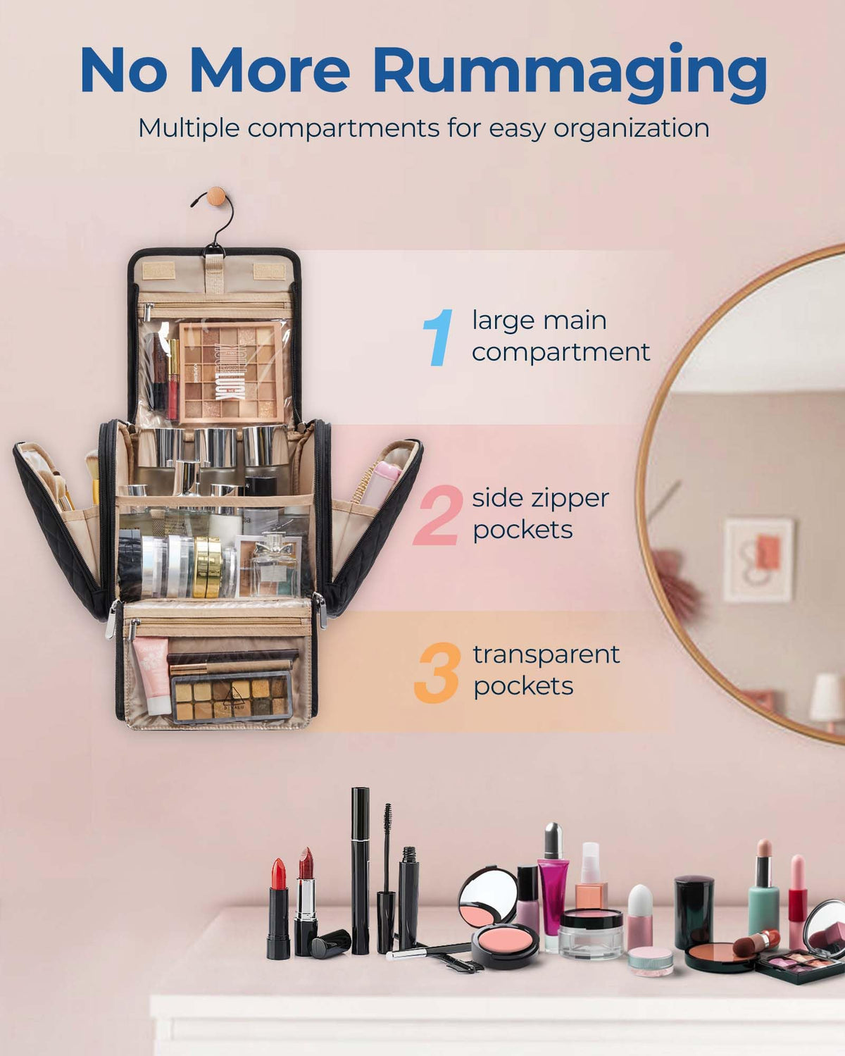 BAGSMART makeup bag large capacity stores cosmetics and toiletries for trips