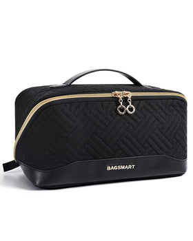 BAGSMART Makeup Bag opens flat for quick access to daily cosmetics.