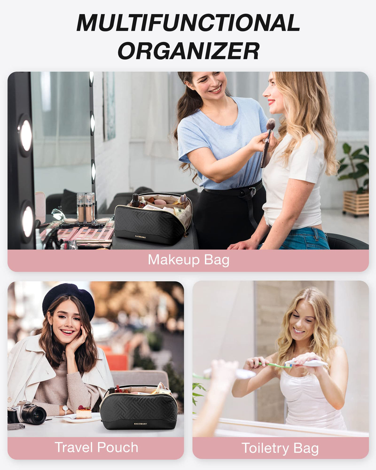 BAGSMART Makeup Bag with a top handle for easy carrying.