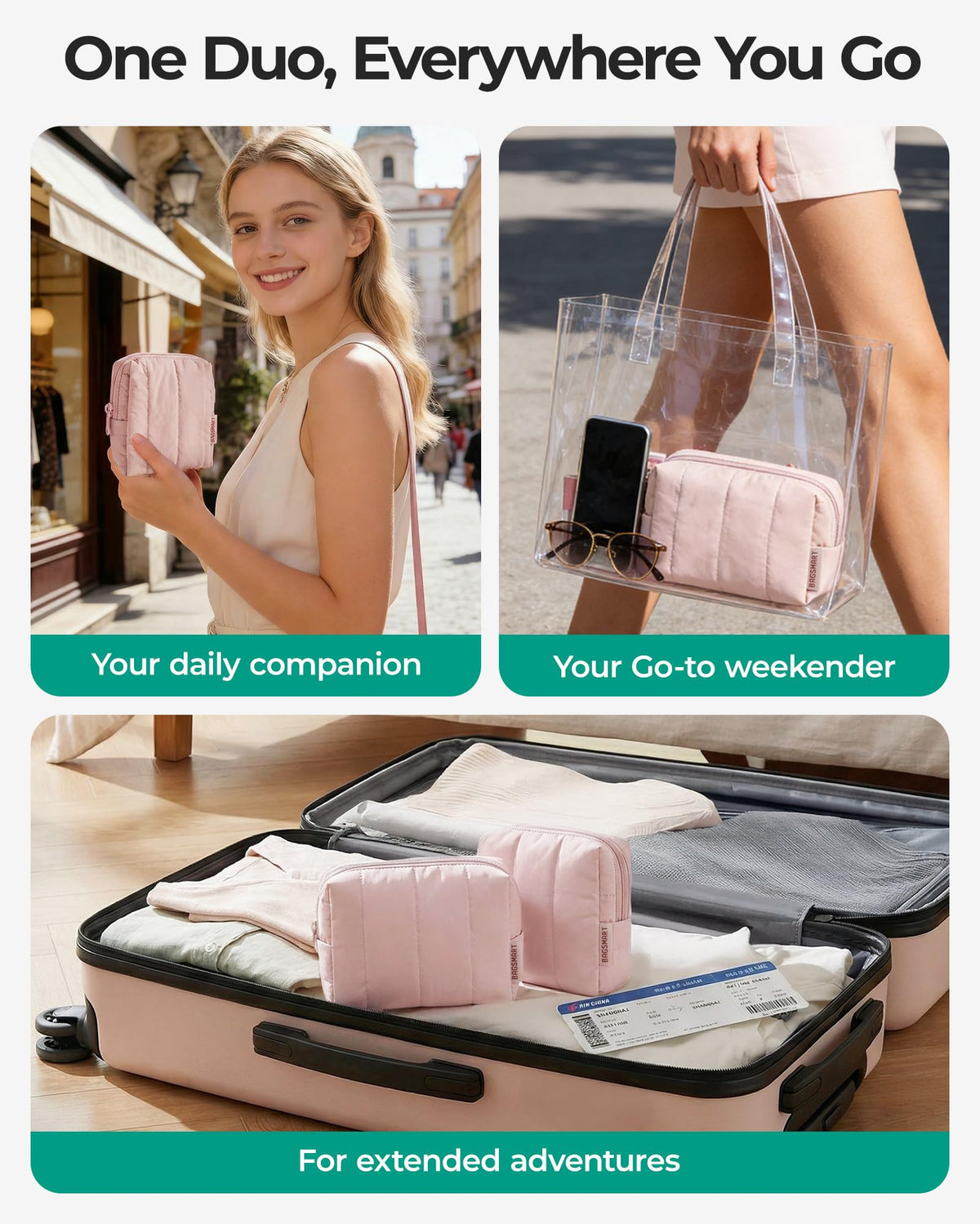BAGSMART slip-in pockets demonstrate easy organization during daily outings.
