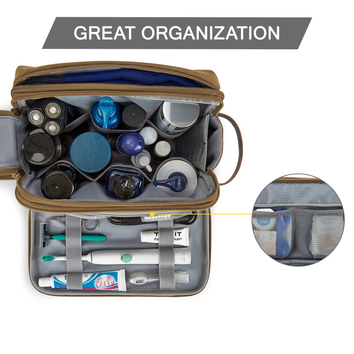 BAGSMART Dopp kit front pocket with mesh for quick access to small items.