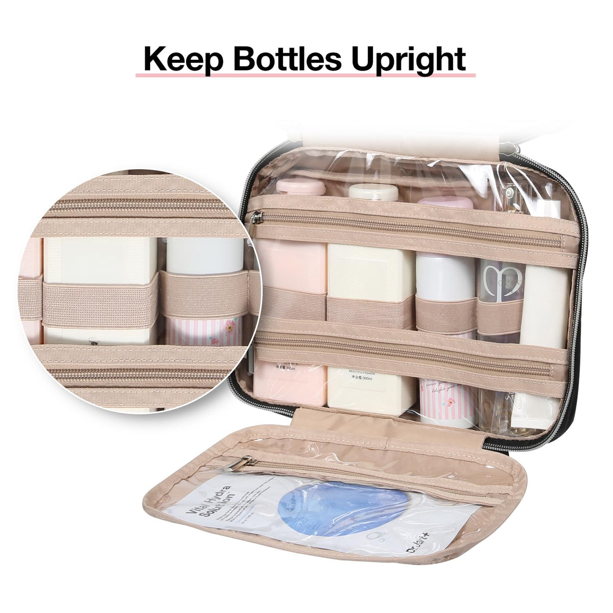 BAGSMART interior elastic pockets keep bottles upright and contents organized