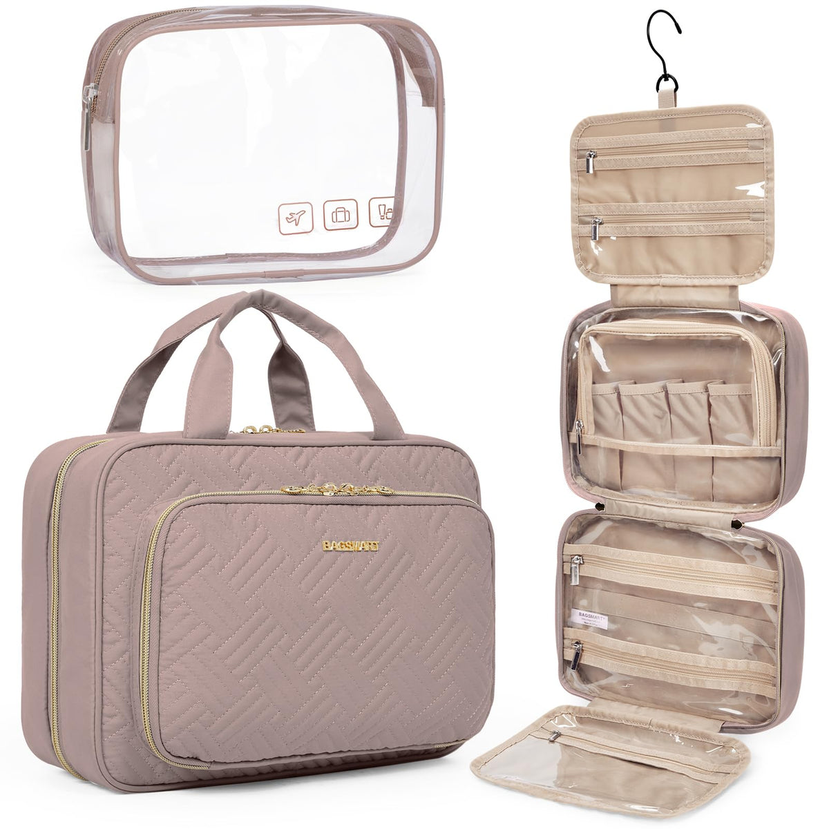 BAGSMART large dark purple toiletry bag opened with spacious compartments for full-sized items.