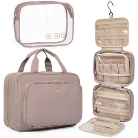BAGSMART large dark purple toiletry bag opened with spacious compartments for full-sized items.