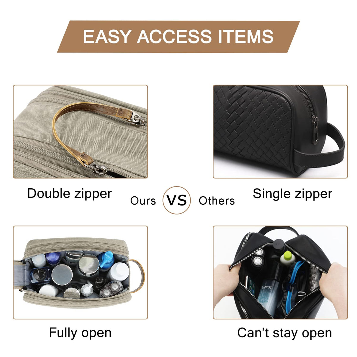 BAGSMART Toiletry Bag sturdy leather handle adds durable carry for quick access.