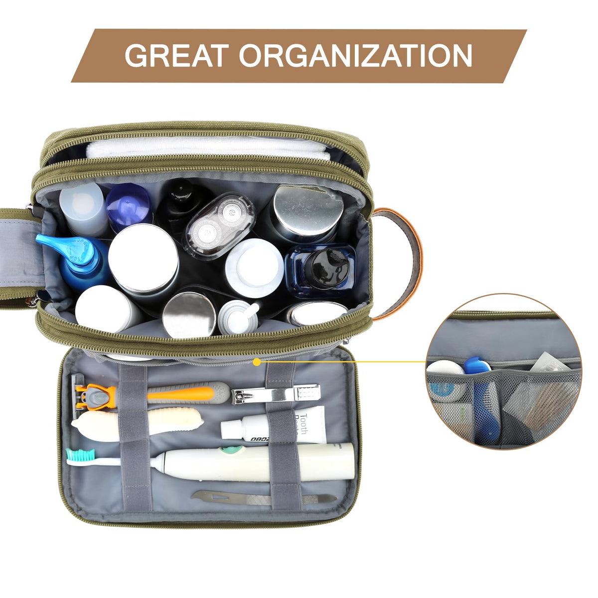 BAGSMART Toiletry Bag in green with large capacity for longer journeys.