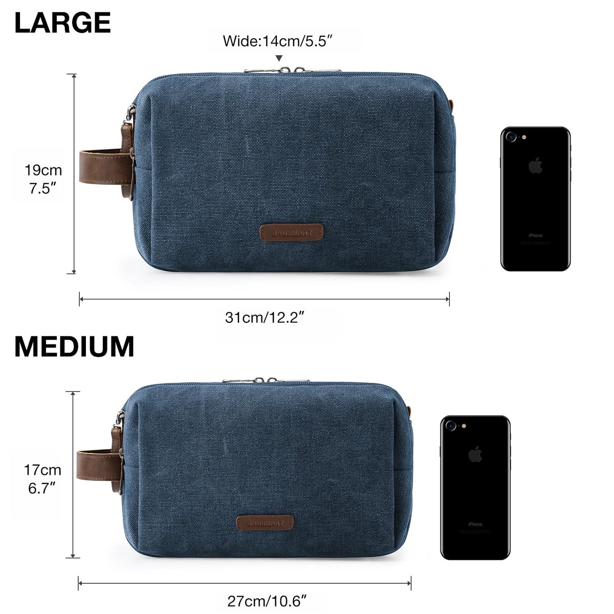 BAGSMART Toiletry Bag for Men, navy large, durable canvas finish for frequent travel.