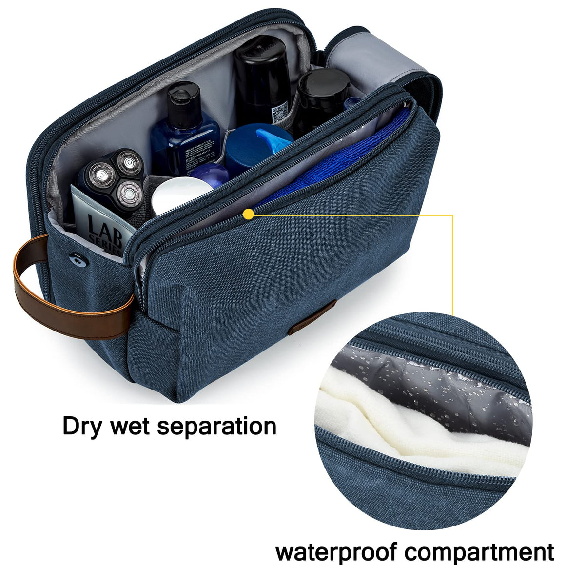 BAGSMART Toiletry Bag for Men, navy large, interior elastic bands keep brushes secure.