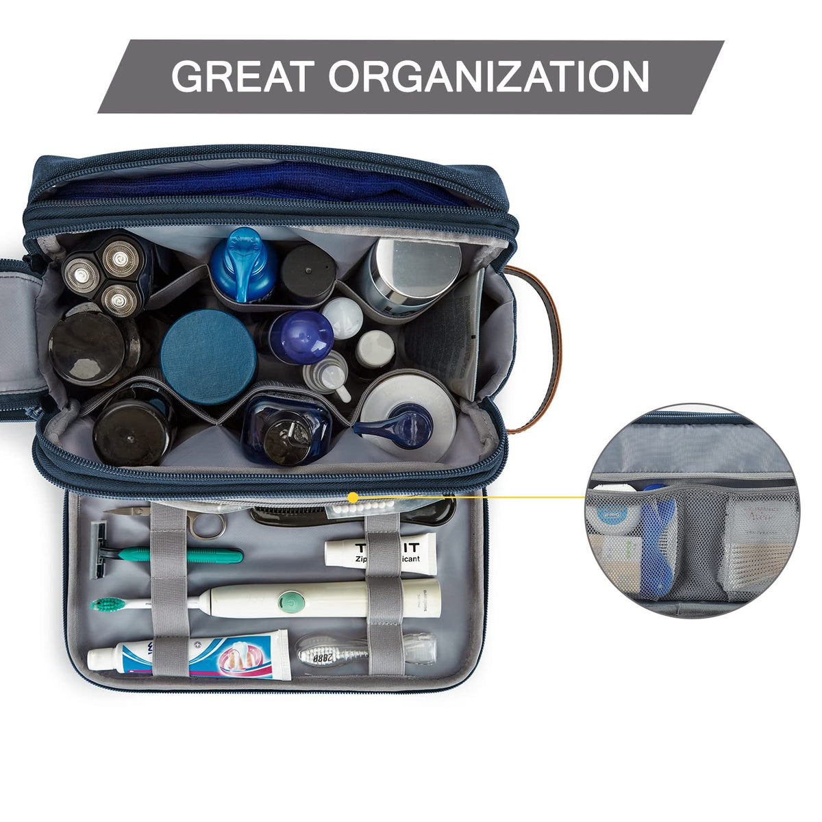 BAGSMART Toiletry Bag for Men, navy large, waterproof back pocket to separate wet items.