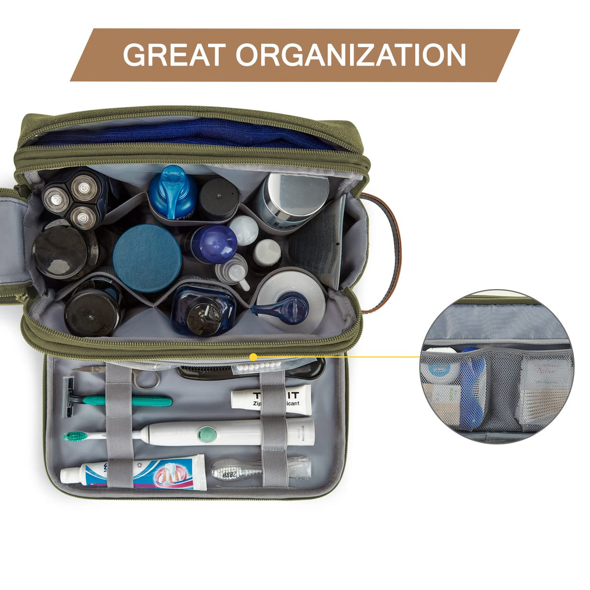 BAGSMART Toiletry Bag for Men showing elastic band design keeps items in place.