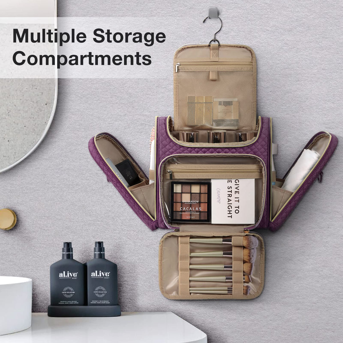 BAGSMART toiletry bag side pockets keep wet and dry items separate.