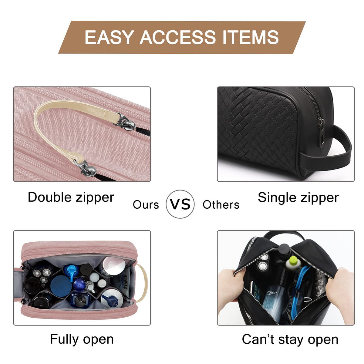 BAGSMART travel toiletry bag featuring an inner elastic band for stable storage