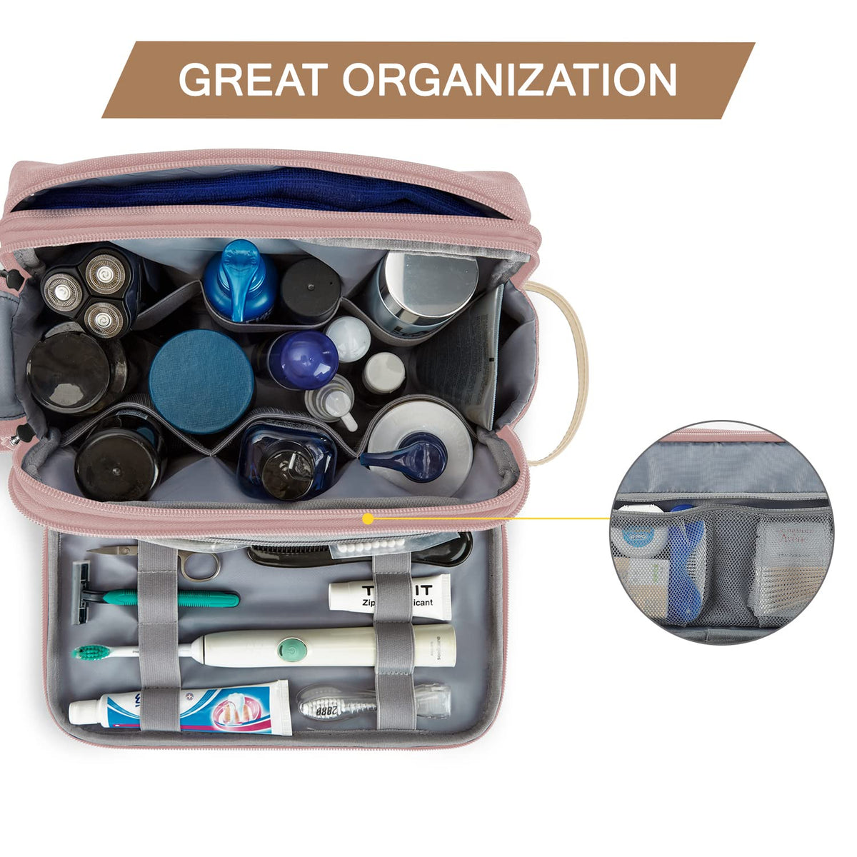 BAGSMART pink large toiletry bag shows back pocket with dry-wet separation for organization