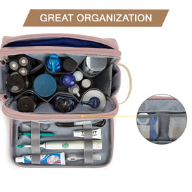 BAGSMART pink large toiletry bag shows back pocket with dry-wet separation for organization