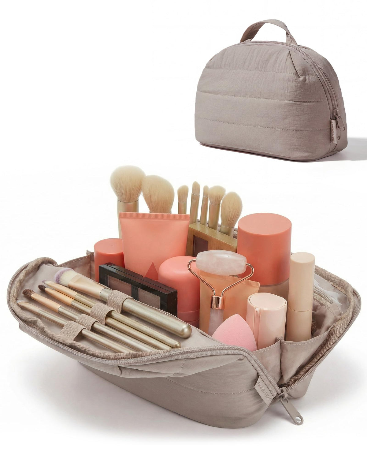 BAGSMART travel makeup bag fold-down shows full collection for quick access