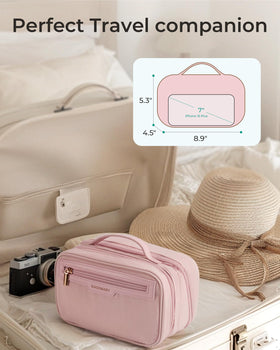 BAGSMART pink makeup bag front pocket for quick touch-ups and easy access