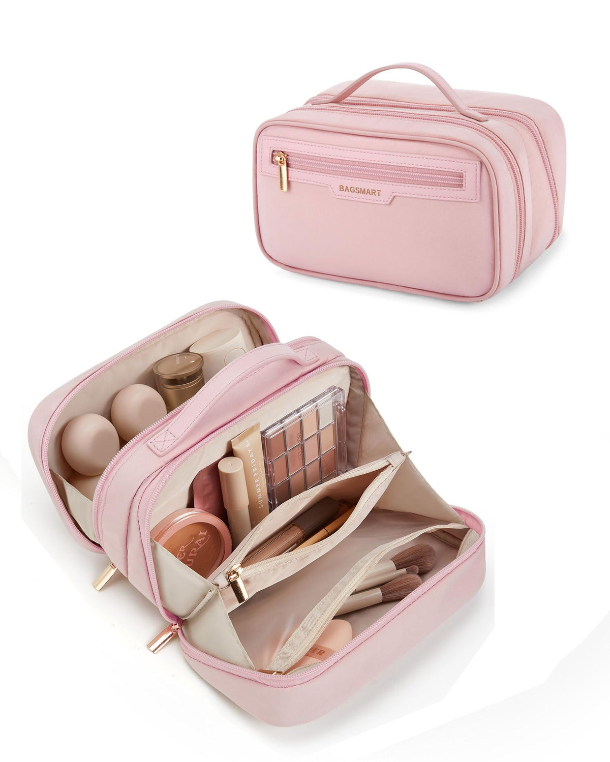 BAGSMART travel makeup bag pink open view with multiple compartments for organized packing
