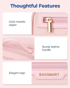 BAGSMART pink makeup bag PVC stain-resistant zipper pockets for brushes and puffs